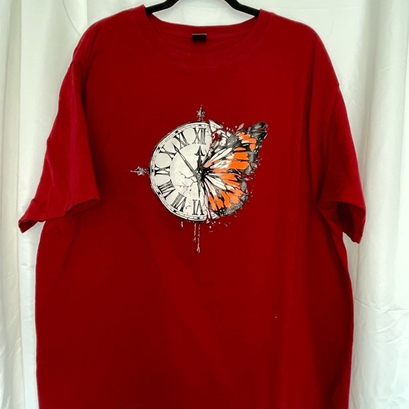 Other - Red Graphic T-Shirt with Clock and Butterfly Design​​​​​